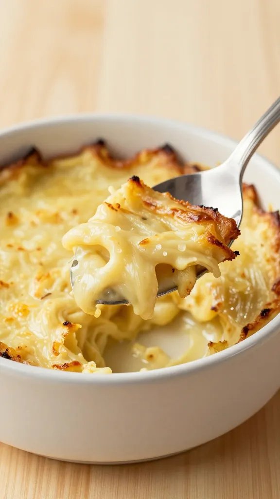 [CLOSING] Serving spoonful of casserole on wooden table