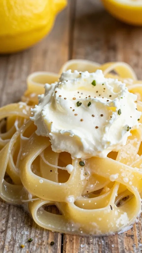 [HERO] closeup lemon ricotta pasta focal, rustic wood surface