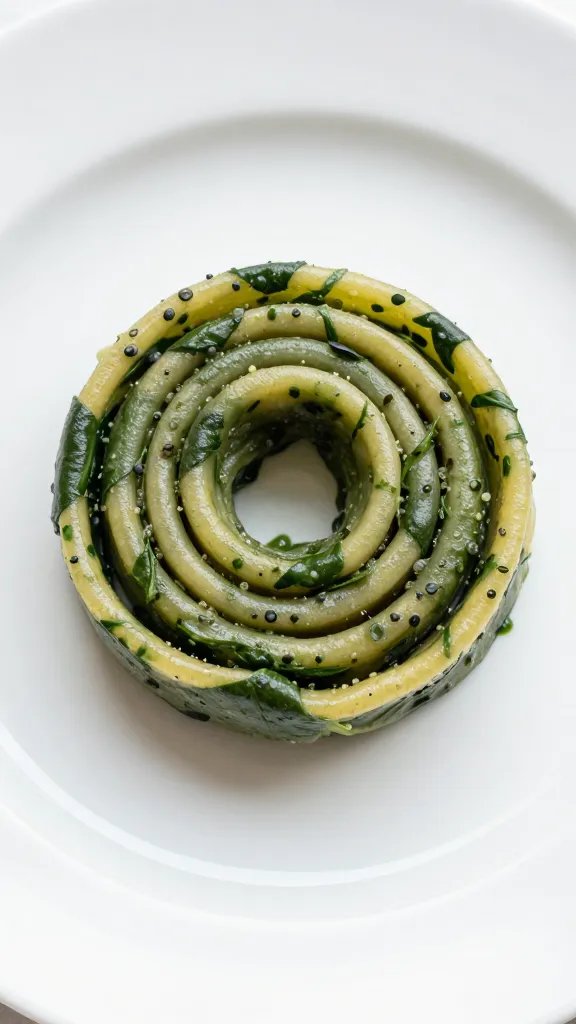 [RECIPE 1] single spinach-wrapped pasta coil on white plate