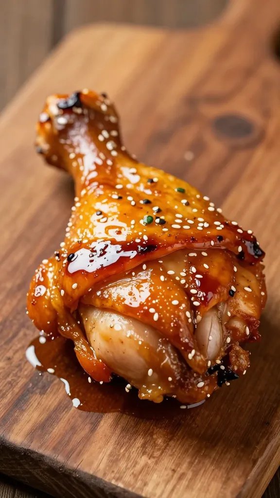 [HERO] closeup teriyaki chicken thigh on rustic wood board