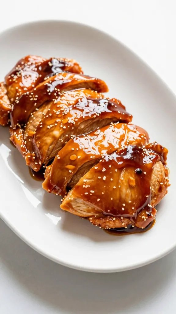 [RECIPE 2] glossy teriyaki chicken slice on white ceramic dish