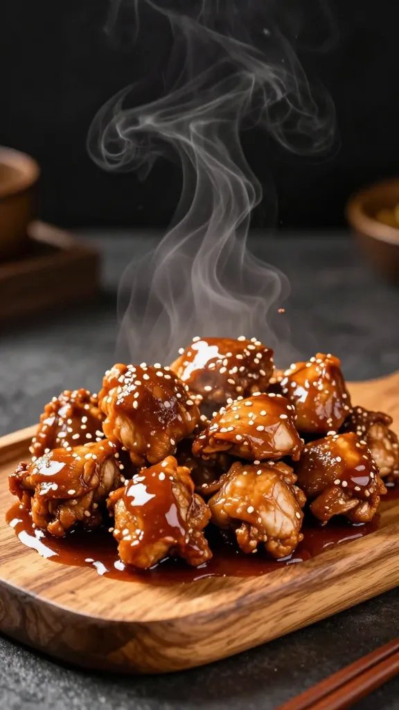 [CLOSING] serving teriyaki chicken on wooden board, steam rising