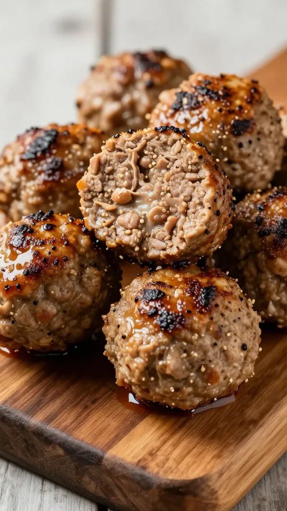 [HERO] closeup chicken parmesan meatballs on rustic wooden board