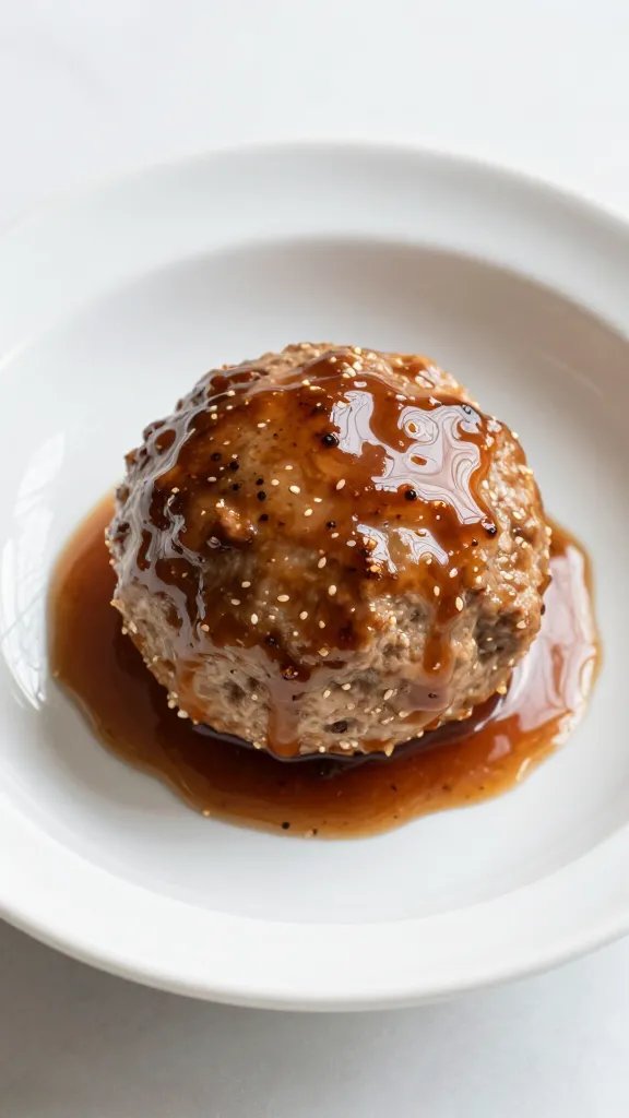 [RECIPE 1] single meatball with glaze on white ceramic dish
