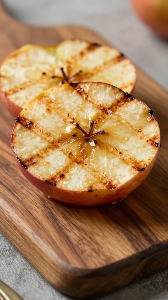 [HERO] closeup grilled apple slice on rustic wooden board