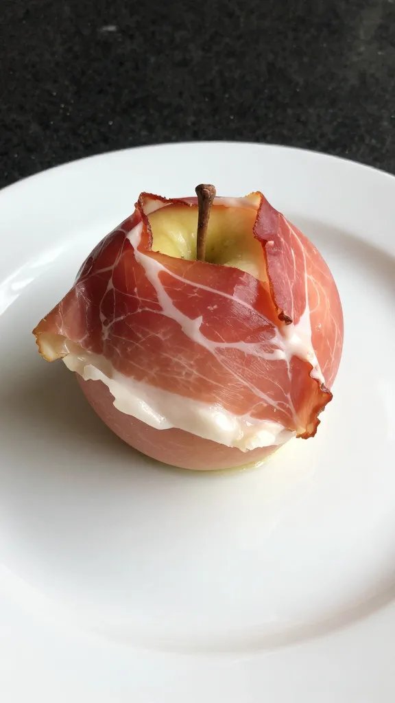 [RECIPE 1] single prosciutto-wrapped apple on white plate