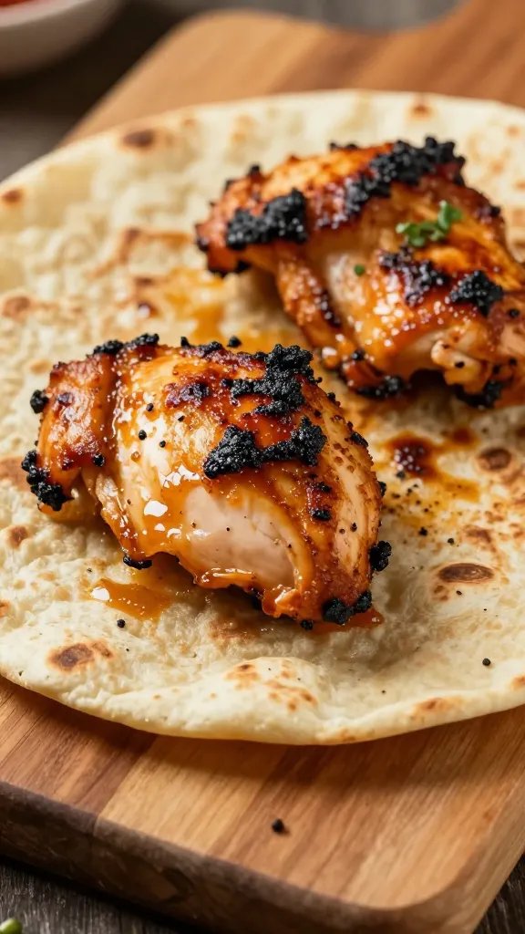[HERO] closeup BBQ chicken flatbread on rustic wooden board