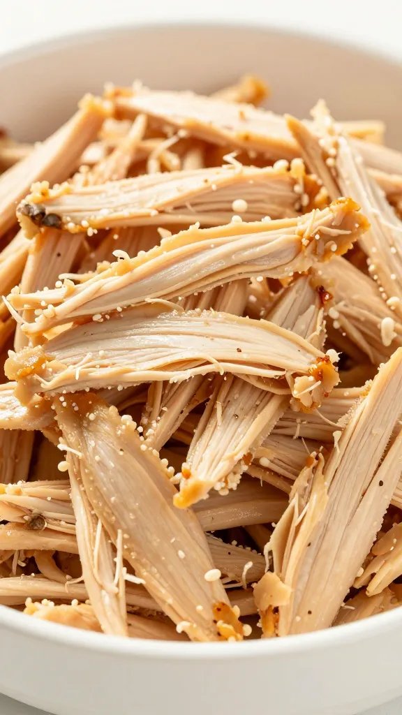 [RECIPE 1] closeup shredded chicken on white ceramic dish