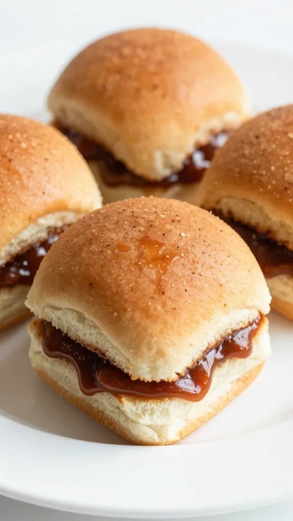[RECIPE 1] closeup BBQ sauce-coated sliders on white plate