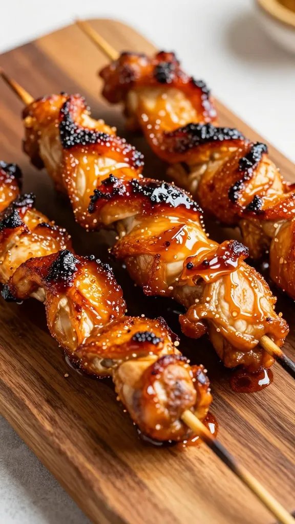 [HERO] closeup honey BBQ chicken kabob on rustic wooden board