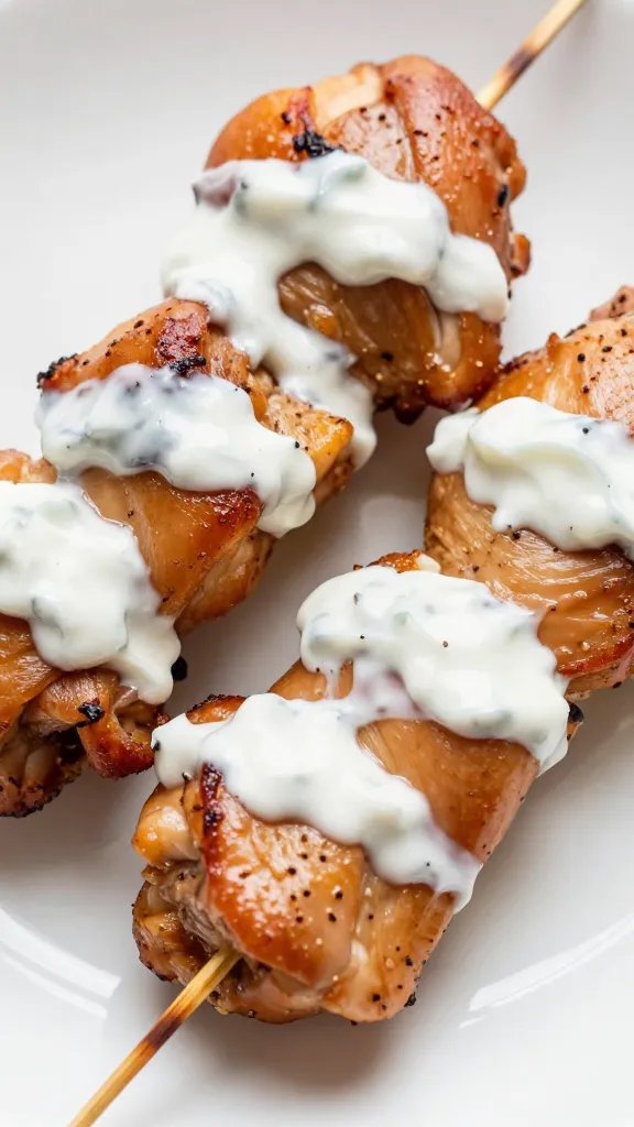 [RECIPE 1] closeup chicken thigh skewers with yogurt glaze on plate
