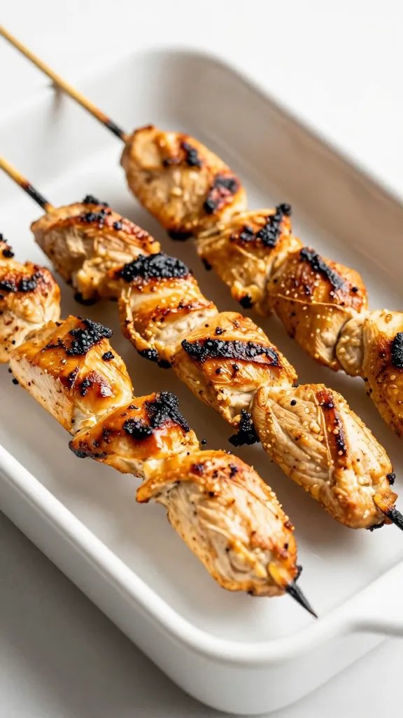 [RECIPE 2] closeup grilled chicken kabob on white ceramic dish