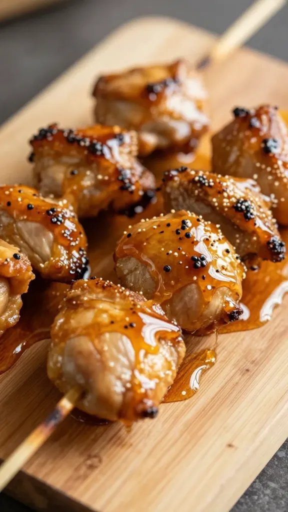 [RECIPE 3] closeup skewered chicken with honey glaze on wooden board