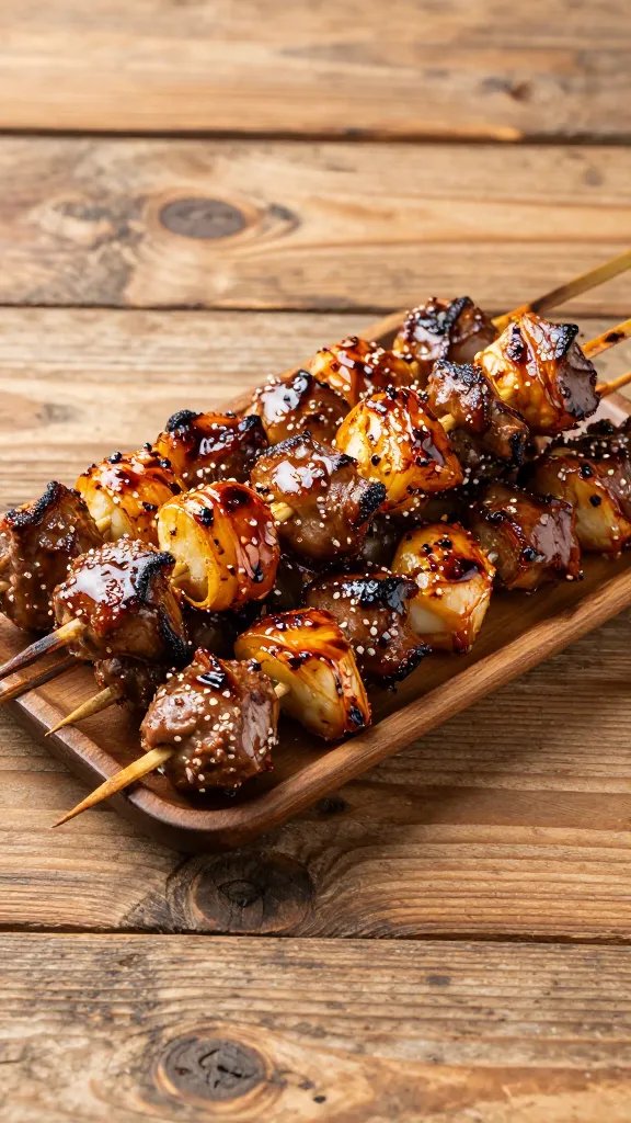 [CLOSING] serving honey BBQ kabob on rustic wooden table top