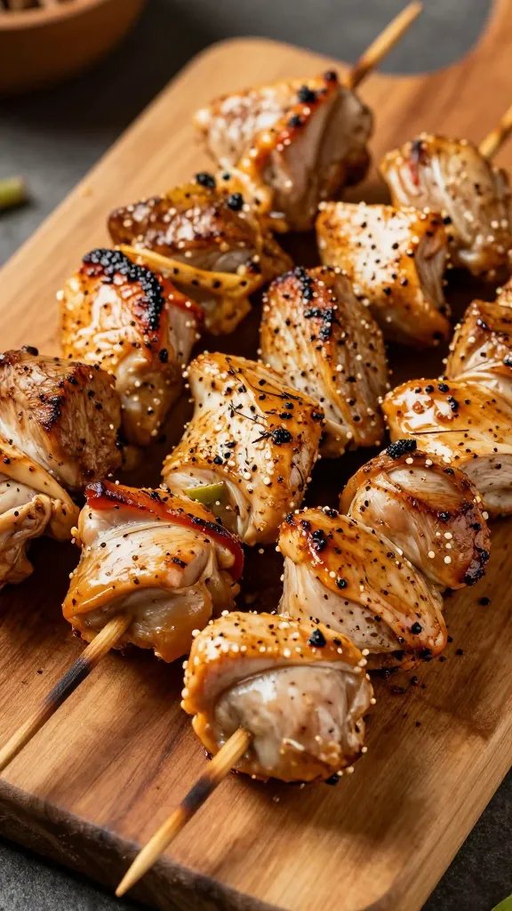 [HERO] closeup of marinated Greek chicken skewers on rustic board