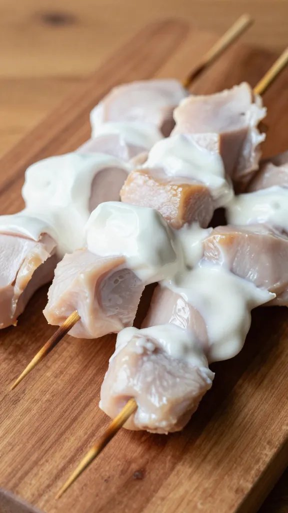 [RECIPE 1] closeup of yogurt-tinted chicken kabob on wooden table